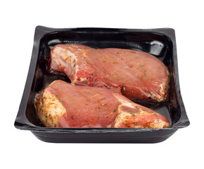marinated steak in vacuum packaging, isolated from the background