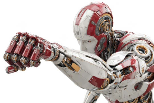 Robotic figure, white/red color scheme, punching motion, detailed cybernetic design
