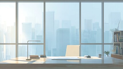 Modern Office Workspace with City Skyline View and Natural Sunlight