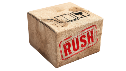 Brown cardboard box with "RUSH" stamp, dirt marks, shipping symbols