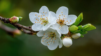 Blooming branch with white flowers and buds