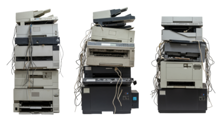 Etrash. Pile of Discarded Electronic Waste Components for Recycling. Stacked Office Printers with Tangled Cables on White Background