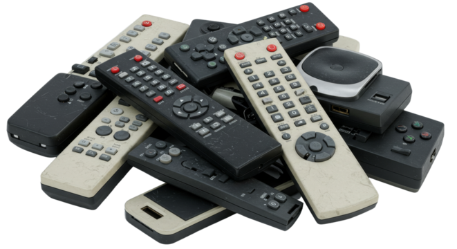 Pile of Worn Remote Controls Black and Beige on White Surface