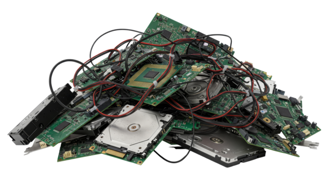 Etrash. Pile of Discarded Electronic Waste Components for Recycling. Pile of Green Computer Circuit Boards and Cables on White