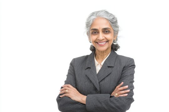 Mature Indian Business Woman. Successful Corporate Boss, Confident Senior Lady Executive, Asian Business Leader Standing on White Background