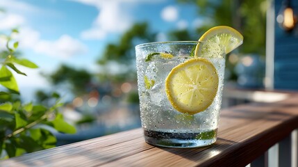 Refreshing Lemonade with Bubbles Served in a Glass on a Sunny Outdoor Deck
