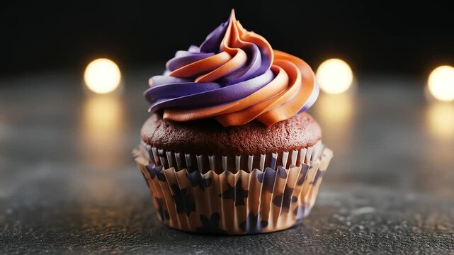 Close-up shot of a single Halloween cupcake with purple and orange swirl frosting, decorated with a star pattern liner, against a dark background featuring blurred warm