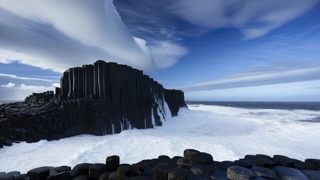 Massive waves collide with rugged rocks, creating spectacular sprays of white foam under a blue sky filled with clouds