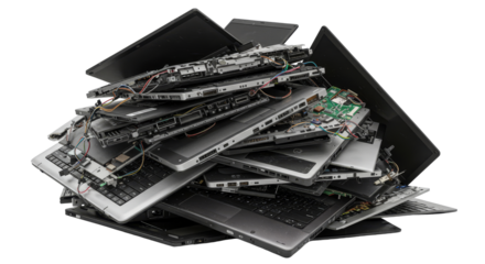 Etrash. Pile of Discarded Electronic Waste Components for Recycling. Pile of Broken Laptops Recycled Electronic Waste on White