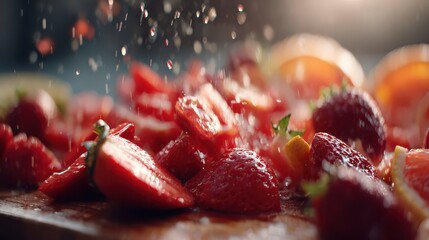 Fresh strawberries splashing with water droplets on wooden surface in vibrant kitchen setting