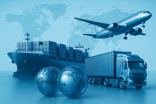A large cargo ship, airplane, and truck are shown in a monochrome blue setting with two globes in the foreground, representing global logistics and transportation services
