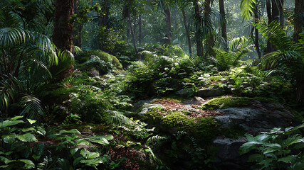Fototapeta premium Lush Jungle Scene with Mossy Rocks and Dense Green Foliage