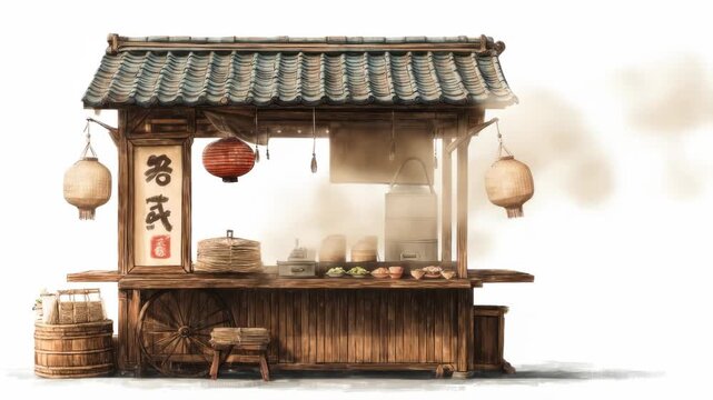 A charming food stall with tiled roof, paper lanterns, and steaming delicacies
