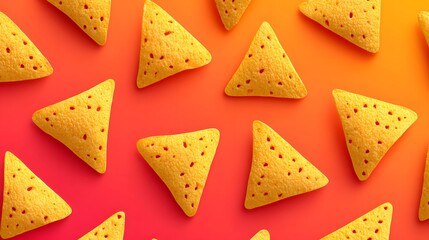 Close-Up of Triangular Yellow Tortilla Chips in Vibrant Colorful Background Texture