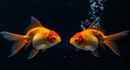 Fototapeta premium Two Goldfish Swimming Face to Face in Dark Water with Bubbles, Closeup View.