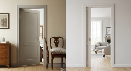 Fototapeta premium Sidebyside comparison of a doorway before and after pocketdoor frame retrofit illustrating enhanced room flow and aesthetics.