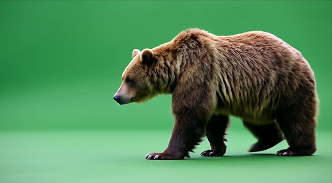 Majestic brown bear walking gracefully across vibrant green plain in dynamic video sequence