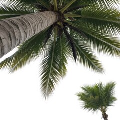 Fototapeta premium Coconut palm trees ascend against a clear white background, symbolizing tropical essence