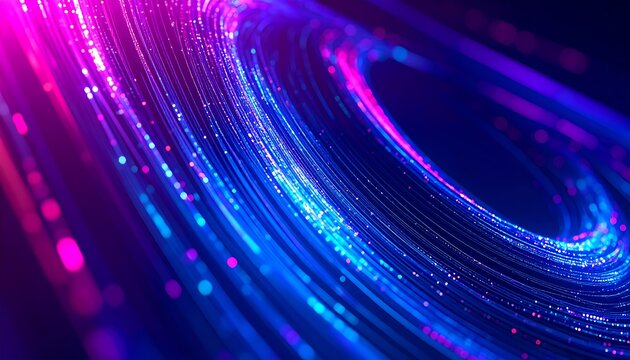 A swirling, vibrant design with concentric circles of glowing, multicolored lines and sparkling points creates a dynamic, futuristic effect.