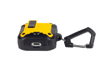 protective case with carabiner for wireless headphones, isolated from the background