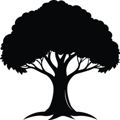 Silhouette of a large banyan tree on a white background