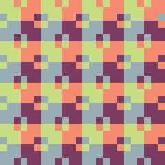 Pattern created from green-yellow, peach, grey and purple squares