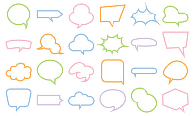 Colorful speech bubble shapes collection. Set of colorful speech and thought bubble shapes for design, comics, chat, and communication graphics on white background.
