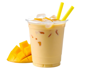 A mango milkshake takeaway cup with a yellow straw and ice cubes isolated on a transparent background.