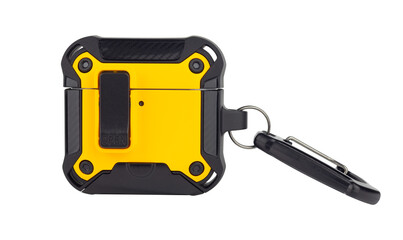 Naklejka premium protective case with carabiner for wireless headphones, isolated from the background