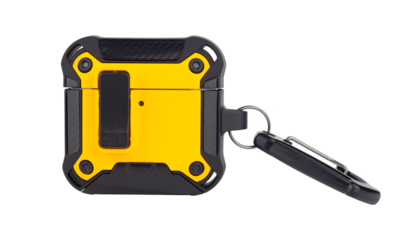 protective case with carabiner for wireless headphones, isolated from the background