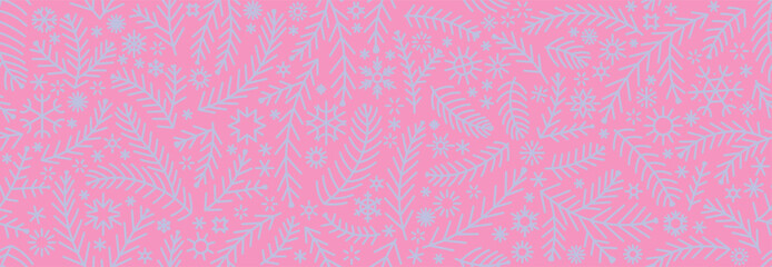 New Year and Merry Christmas seamless pattern vector illustration. Trendy handmade drawing poster with various spruce branches and snowflakes. Can be used for packaging, holiday banners, books, etc.