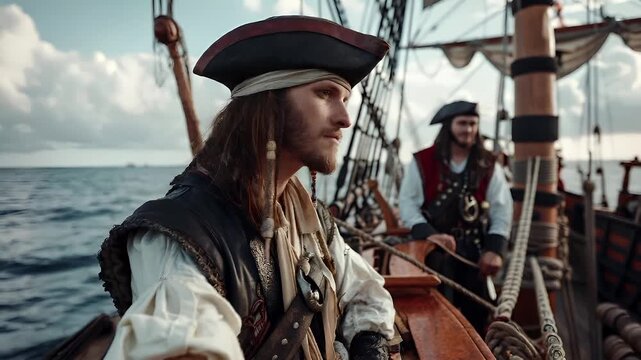A man in a pirate costume aboard a sailing ship, with other sailors in the background. The ships deck is adorned with ropes and rigging, and the sky overhead is partly cloudy.