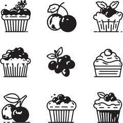 Cranberry Muffins black Line Editable Icons set