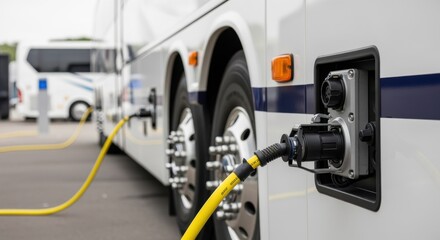 Fototapeta premium Side view of a tour bus with shorepower cable securely attached to a waterproof distro tiein connector emphasizing safety standards.