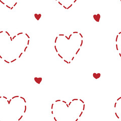 Hearts small and stitch polka dot seamless pattern hand drawn. Red painted doodle symbols on white.