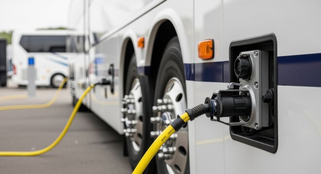 Side view of a tour bus with shorepower cable securely attached to a waterproof distro tiein connector emphasizing safety standards.
