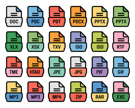 Collection of Colorful Document File Type Icons with Text Labels file format document icon