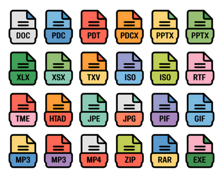 Collection of Colorful Document File Type Icons with Text Labels file format document icon