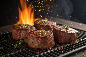 Four gourmet beef tenderloin steaks cooking on a grill with flames and herbs