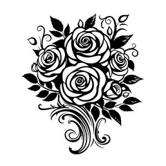 Elegant black vector design featuring a detailed bouquet of roses with swirling leaves and decorative elements