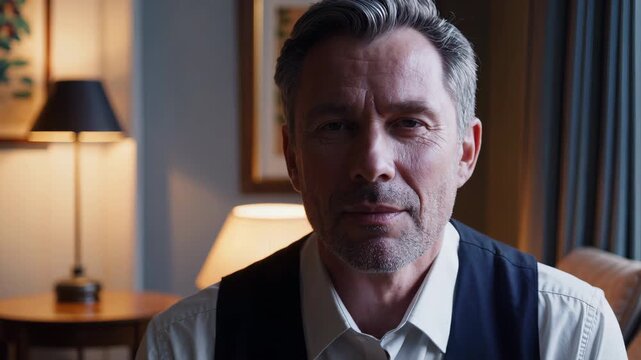 Middle-aged man in 50s sitting at home. Concept of maturity and wisdom