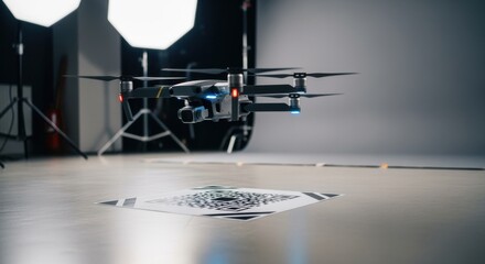 Slowmotion capture of a drone scanning AR tracking marker floor applique during an indoor AR test flight in a controlled studio setup.
