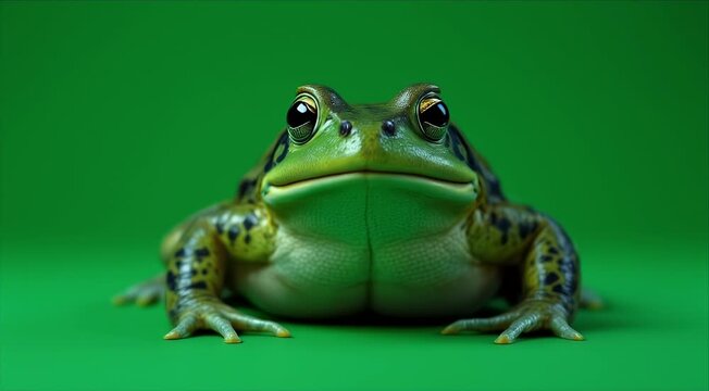 Green frog posing on a vibrant green background ready to leap into action