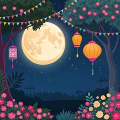 Celebrate Sharad Purnima with a glowing full moon, vibrant lanterns, and festive floral decorations under the night sky
