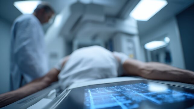 Clear focus on the DEXA scanners detector moving over the patients torso with the patients body slightly out of focus highlighting the imaging process.