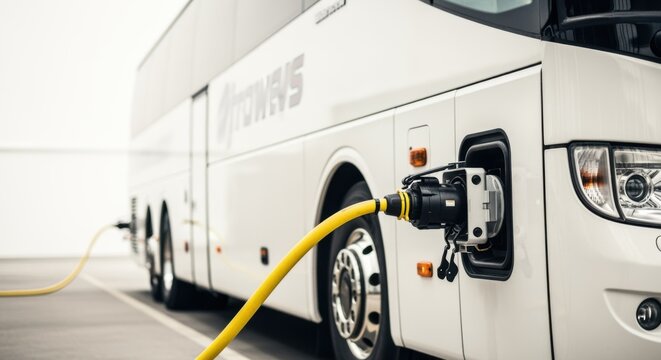 Side view of a tour bus with shorepower cable securely attached to a waterproof distro tiein connector emphasizing safety standards.