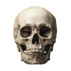 Obraz premium Aged human skull with dark eye sockets and visible teeth bone anatomy, Isolated On Png Transparent Background