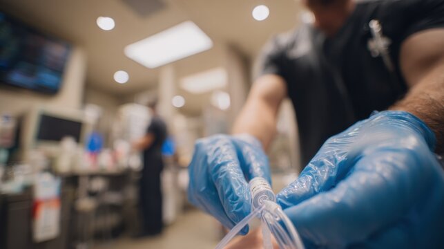 Clinician administering flush through PICC line focus on medical tubing and gloved hands with outoffocus outpatient clinic environment creating calm atmosphere.