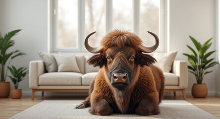 Majestic Highland Cow Resting Peacefully in a Modern Living Room, Serene Ambience.