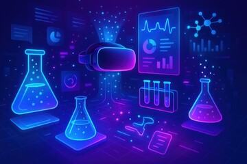 Futuristic virtual reality laboratory environment with scientific equipment and data visualizations